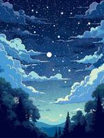 illustration of a moonlit night, with stars twinkling in the sky and clouds. photo