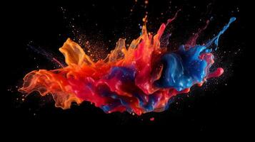 Paint drop. Ink water. Cold flame. Burning ice. Red orange blue color gradient glowing glitter fluid splash on dark black abstract art background. photo