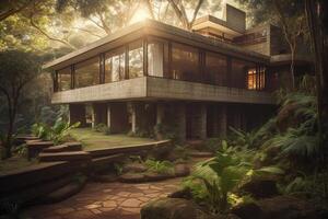 inspired new house in the brasilian jungle, brutalist, waterfalls, concrete, late in the day, sunshine through trees, view from parking towards glass patio, wide shot. photo