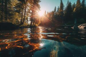 Lake, crisp radiant reflections, sunlight gleaming. AI generative photo
