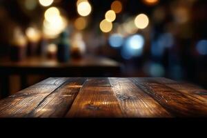 Wooden table with dark blurred background. photo