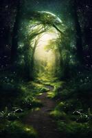 un místico bosque camino con imponente arboles formando un natural arco. ai generativo foto