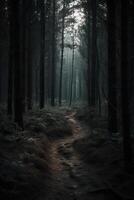 oscuro bosque, con un camino en el medio, horror ambiente, arboles en el lado. ai generativo foto