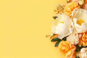 peonias, rosas en amarillo antecedentes con Copiar espacio. resumen natural floral marco diseño con texto espacio. romántico femenino composición. Boda invitación.. ai generativo foto