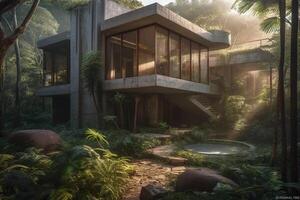 inspired new house in the brasilian jungle, brutalist, waterfalls, concrete, late in the day, sunshine through trees, view from parking towards glass patio, wide shot. photo