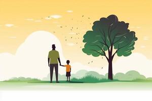 Illustration of father with his little child, tree in the background. Concept of fathers day, fathers love, relationships between father and child. photo