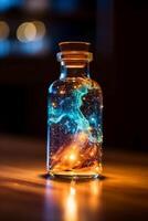 Glowing galaxy in a glass bottle. photo