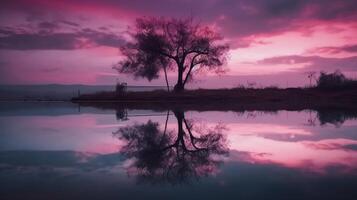 un escena en cuales el todo púrpura cielo es reflejado en el agua. ai generativo foto