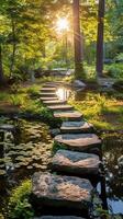 Luminous granite stepping stones leading to cottage in middle of pond. photo