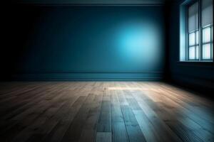 Blue empty wall and wooden floor with interesting light glare. Interior background for the presentation. photo