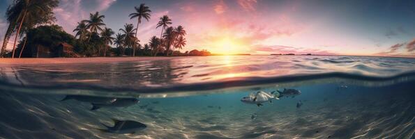 Photograph of beautiful inviting beach scene with pink sunset sky. photo