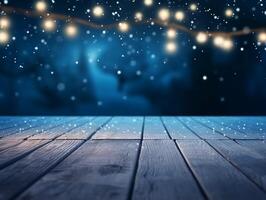 Winter snowy stage background with wooden flooring and Christmas lights on blue background, banner format, copy space. photo