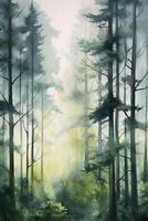 A watercolor painting of a misty forest, tranquil, deep, fairy tale vibe, simple watercolor style with few details, semi abstract. photo