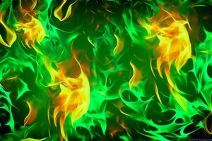 Drawn neon color green, Burning flame background material abstract hand. photo