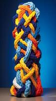 A pattern of multicoloured ropes and twines twisted. photo