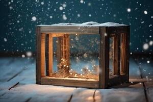 Winter Christmas snowy frame with copy space. Wooden light boards are covered with snow with clean free empty space for text. photo