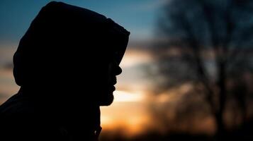 lado vista, silueta de el rostro, un persona, bajo ángulo, borroso Fresco amanecer cielo. ai generativo foto