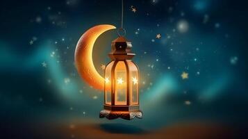 Ramadan kareem lantern moon realistic composition with colourful sky blurry stars and crescent moon. photo