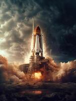 el espacio lanzaderas lanzamiento desde el tierra como un tectónico crisis destruye él. ai generativo foto
