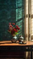 A brown table, wooden, classical style bouquet on the right side of the table. photo