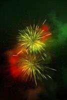 Green, red, yellow, firework, Independence Day Abstract Poster background, copyspace. AI Generative photo