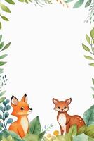 White background with simple leaves in corner with cute forest animals watercolor style. AI generative photo