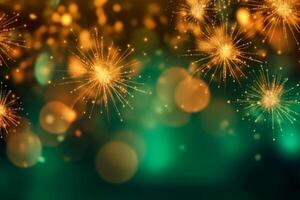 oro y verde fuegos artificiales y bokeh en nuevo año víspera y Copiar espacio. resumen antecedentes día festivo. ai generativo foto