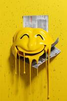 amarillo pintar goteo en el periódico, felicidad, sonriente icono. ai generativo foto