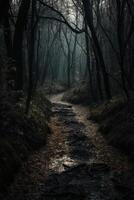 Dark forest, with a path in the middle, horror ambient, trees on the side. AI Generative photo