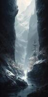 A painting of a valley covered in snow, in the style of dark fantasy, realistic lighting, luminosity of water, flowing silhouettes, fairy tale. photo