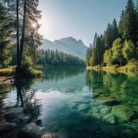 lago con montañas y arboles ai generativo foto