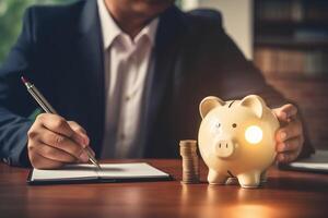 idea for save or investment. businessman holding lightbulb beside piggy bank and coins stacking on desk with note book. photo