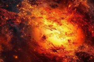 Abstract fancy red orange fire, sun light planet surface, grunge texture, fantasy galaxy background. AI generative photo