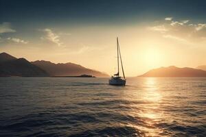 lujo yate navegación en el medio de el mar junto a un isla y montañas en el horizonte a puesta de sol como amplio bandera. ai generativo foto