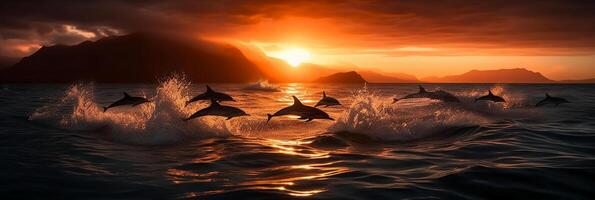 angle shot of a pod of dolphins leaping out of the water in unison with the backdrop of majestic mountains and a vibrant sunset. photo