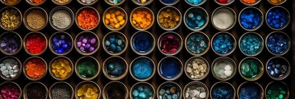 top view, aerial view, bowls of gemstones of the color of the rainbow. photo