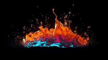 Paint drop. Ink water. Cold flame. Burning ice. Red orange blue color gradient glowing glitter fluid splash on dark black abstract art background. photo
