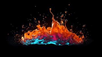 Paint drop. Ink water. Cold flame. Burning ice. Red orange blue color gradient glowing glitter fluid splash on dark black abstract art background. photo