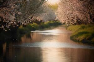 Butterply, cherryblossom, blurred river. photo