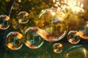 Soap bubbles against a blurred light natural summer background. photo