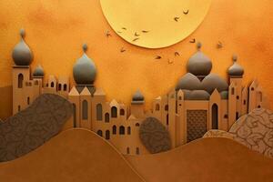 Ochre color background paper texture, Eid al adha mosque, lamb, kareem lantern painting at the top left and bottom right. AI generative photo
