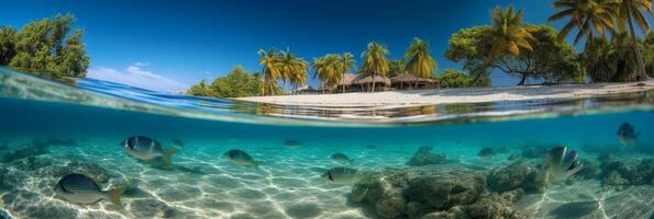 Photograph of beautiful inviting beach scene with blue sky. photo