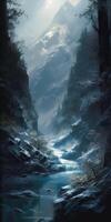 A painting of a valley covered in snow, in the style of dark fantasy, realistic lighting, luminosity of water, flowing silhouettes, fairy tale. photo