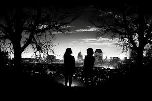 Silhouettes of two stargazing woman saying goodby, surrounded by trees and the contour of london city in the background. photo