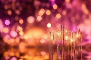 Gold and pink Fireworks and bokeh in New Year eve and copy space. Abstract background holiday. photo