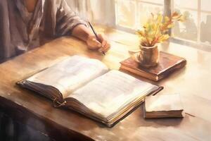 Open book on table in watercolor painting style. photo