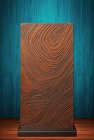 Brown wood grain podium with blue pattern background, front view. photo