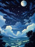 ilustración de un de luna noche, con estrellas centelleo en el cielo y nubes ai generativo foto
