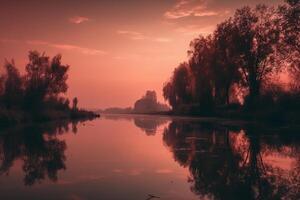 A scene in which the entire pink sky is reflected in the water. photo