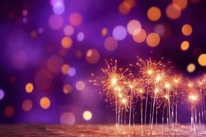 Gold and purple Fireworks and bokeh in New Year eve and copy space. Abstract background holiday, photo